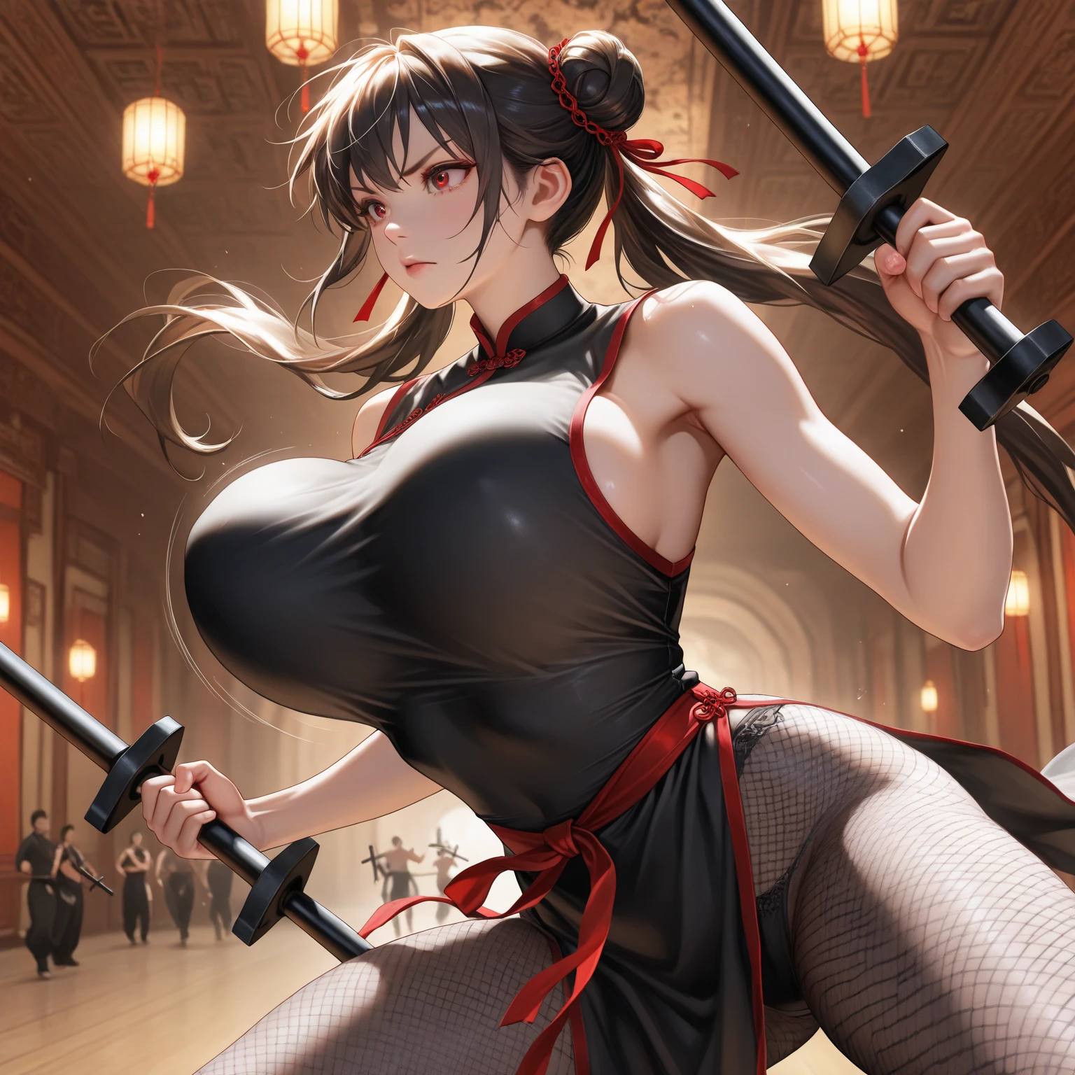 Attractive thighs A woman wearing a Chinese dress Large Breasts Breasts visible from the side Fighting in the ring A large amount of squirting is blowing