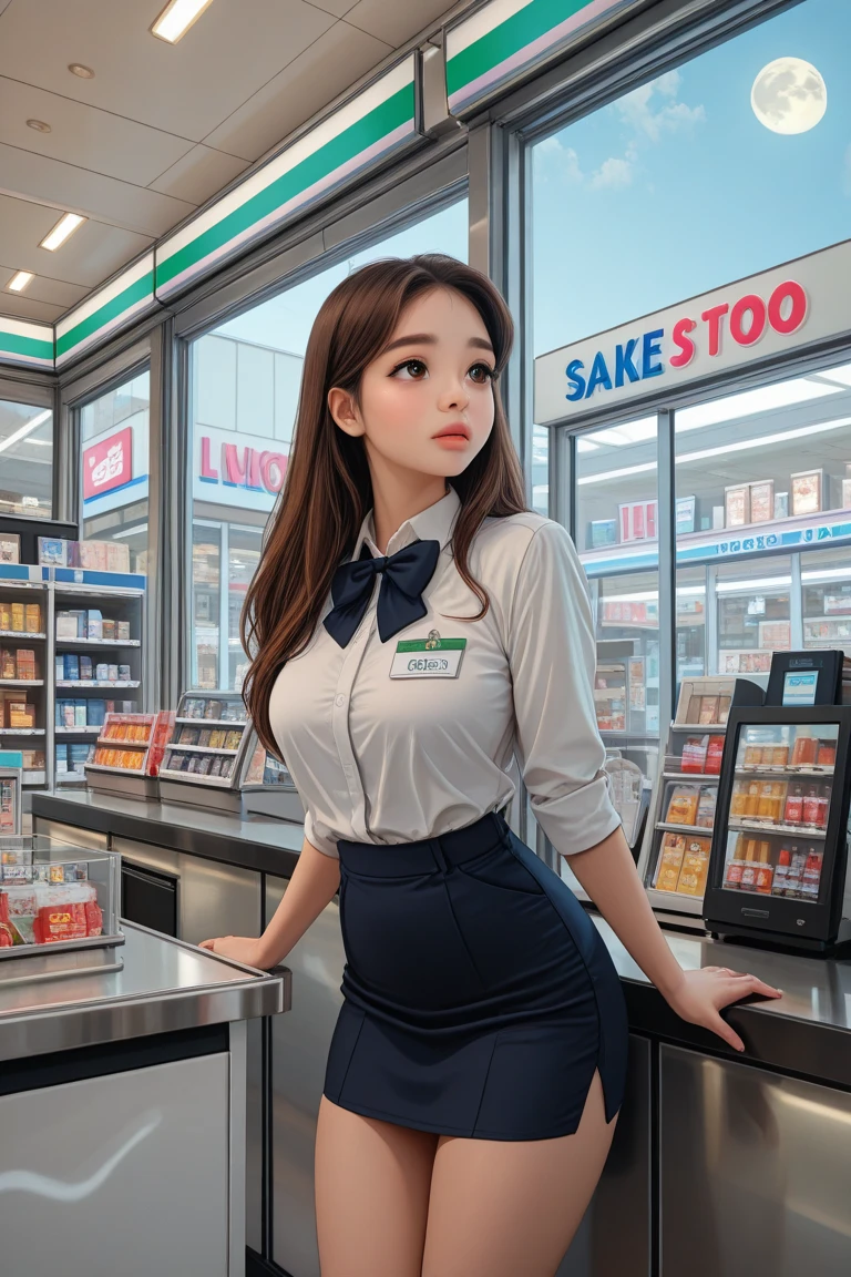 Convenience store clerk cashier , Highest quality, shape, Very detailed, In detail, High resolution, 8k wallpaper, Perfect dynamic composition, Beautiful details, Natural Lip, Sexy uniform panty shot , Big Breasts, Lawson's uniform is open,Cleavage, She is smiling happily while looking back in an erotic pose. ..., A masterpiece of the whole body, Whole shot