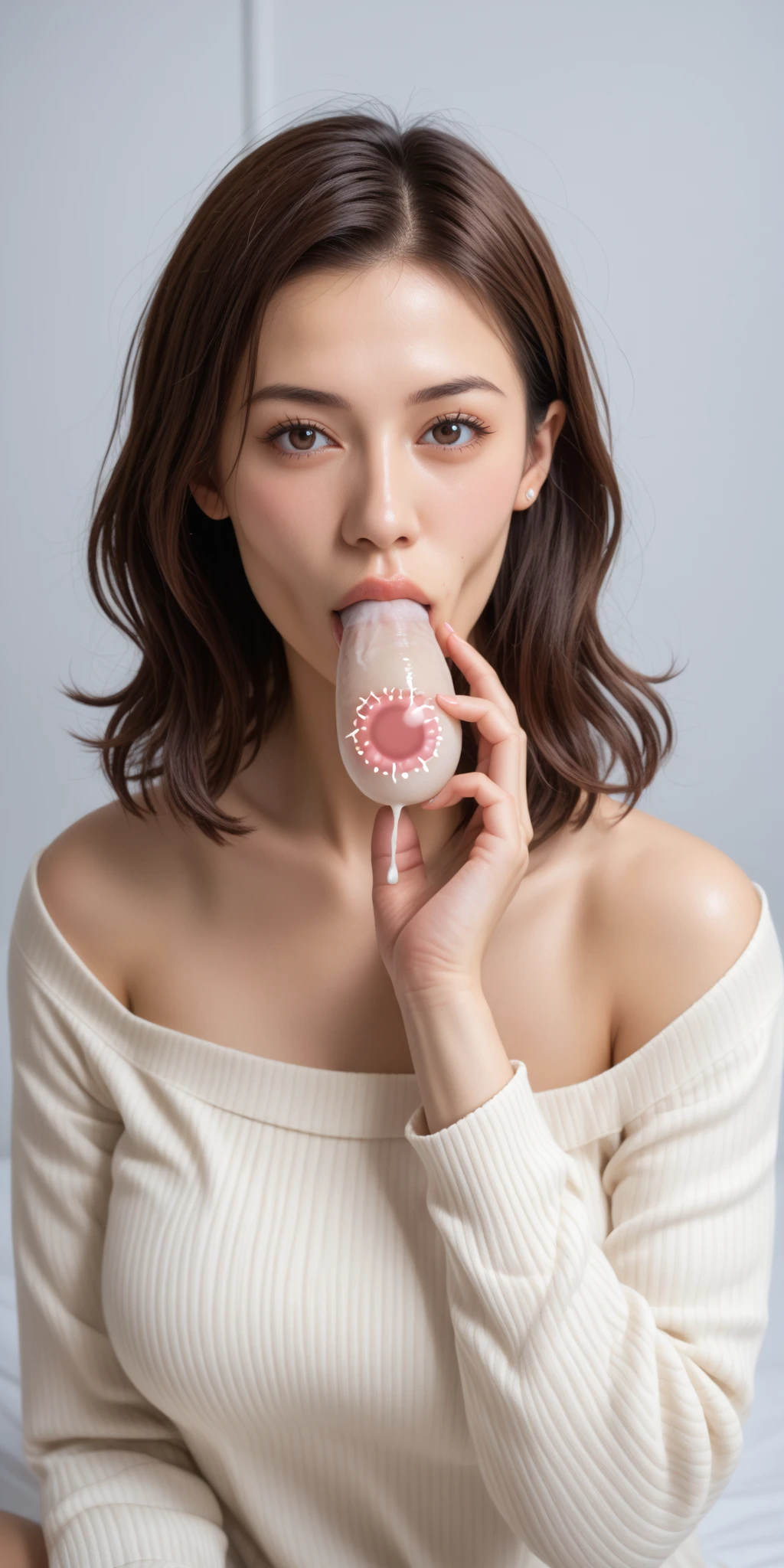 Highest quality、masterpiece、woman、long hair、kimono、Brown Hair、40s、(She is giving a blowjob to an erect penis)、(An erect penis squirts a lot of sperm on my face)、Big Breasts、Eyes closed、