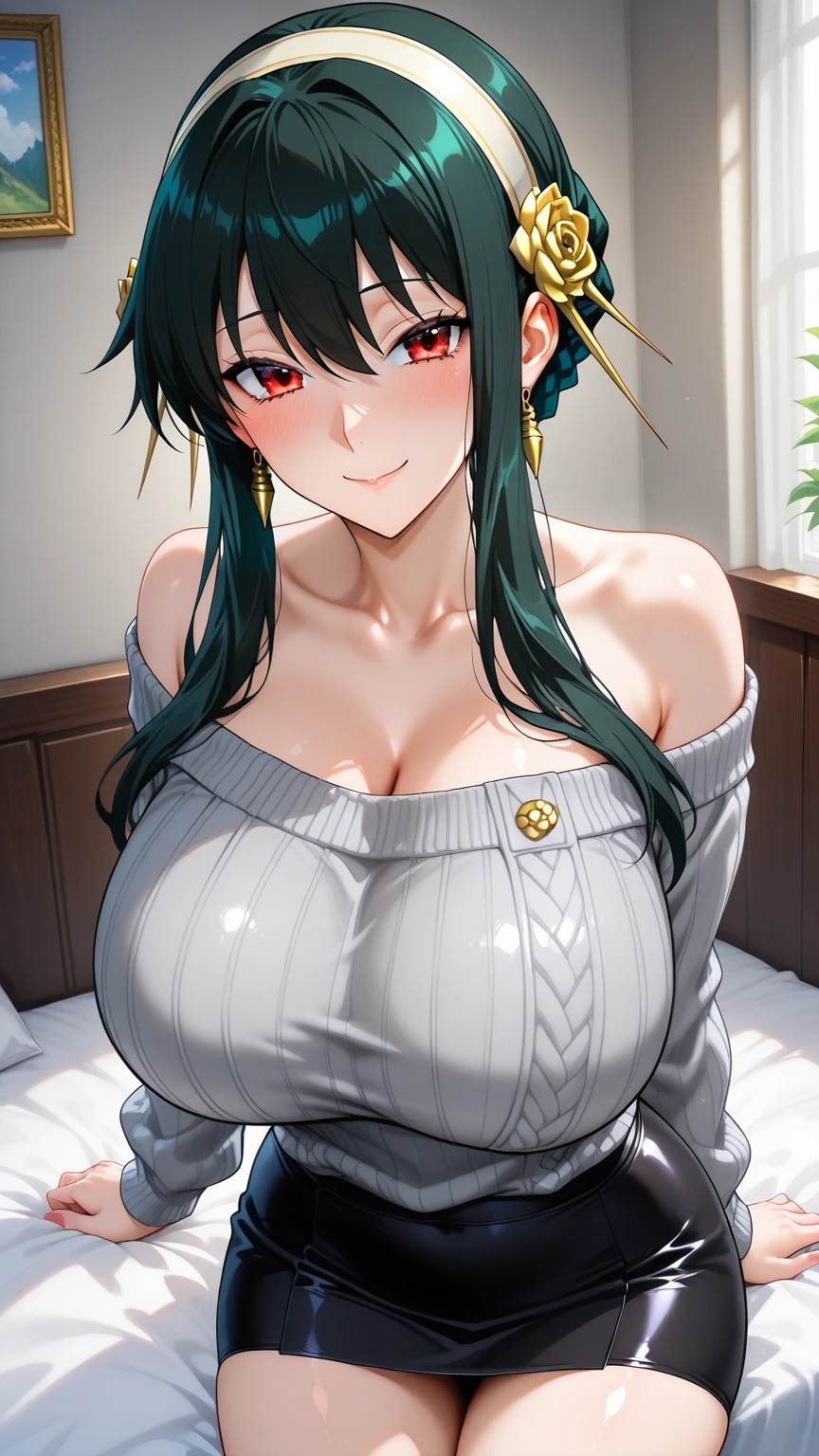 1girl, texas\(willpower)\(arknights), arknights, upper body, sitting, wolf ears, black hair, ponytail, yellow eyes, breasts, cleavage, looking at viewer, light smile, red shirt, open shirt, naked shirt, on bed, masterpiece, best quality