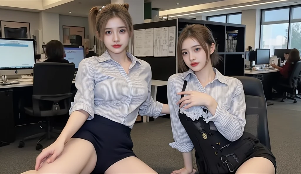 ((super high quality、High resolution、masterpiece、 Anatomically correct、Super detailed photos、Ultra-realistic photos、 Highest quality))、(3girls)、Group photo、looking at viewer、natural lighting、(Portrait Photography)、(White business shirt:1.2)、(from front)、(huge breast)、Light blue formal shirt、tight-fitting、Black Pencil Skirt、Small waist、Large Breasts、Detailed face、Perfect figure、Brown medium hair、Luxury hotel room at night、