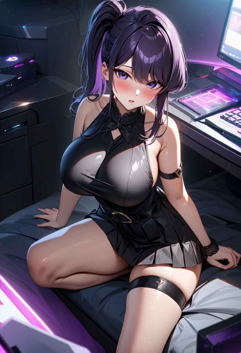 (masterpiece, best quality: 1.2), une fille, in profile, very detailed face, tout le corps, cyberpunk, purple eyes, black har, hairstyle with pigtails, vulgar, sexly, collant noirs, Jupe moulante, beautiful breasts, beau cul rebondi, wide hip, hot, provocative, aesthetic