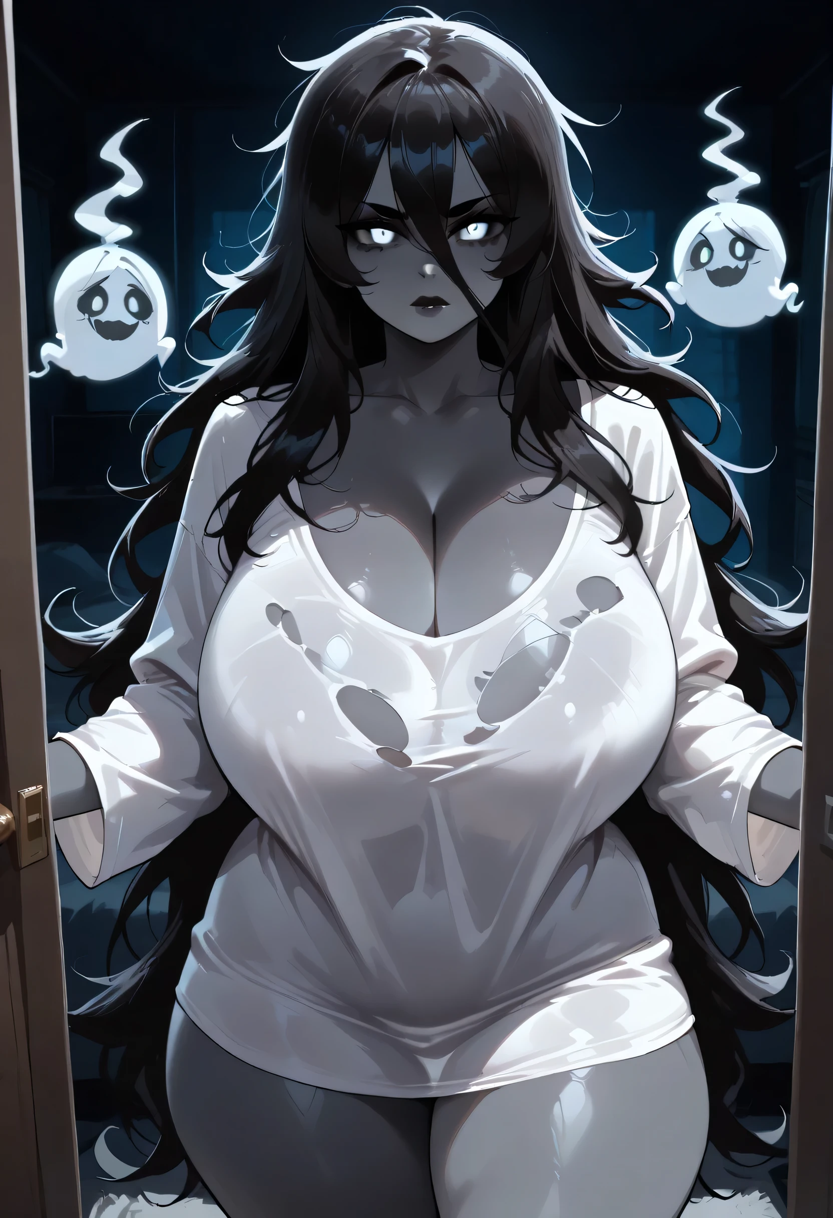 Perfect Face, Perfect Body, (Ghost Girl), (Colored Skin, Grey Skin), Black Hair, Very Long Messy Hair, Black Thin Eyebrows, White Eyes, Lips Without Makeup, Collarbone, Cleavage, (Huge Breasts, Perfect Breasts), (Torn Oversized Shirt, White Oversized Shirt), Standing, (Thick Thighs:1.3), Looking At Viewer, ((Dark Room))