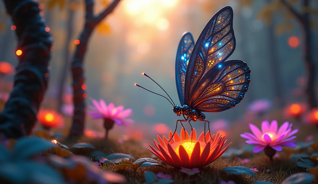 glowing butterfly sitting in a transparent neon sphere on an anthill, detailed, around grass and earth, statue, in 3D