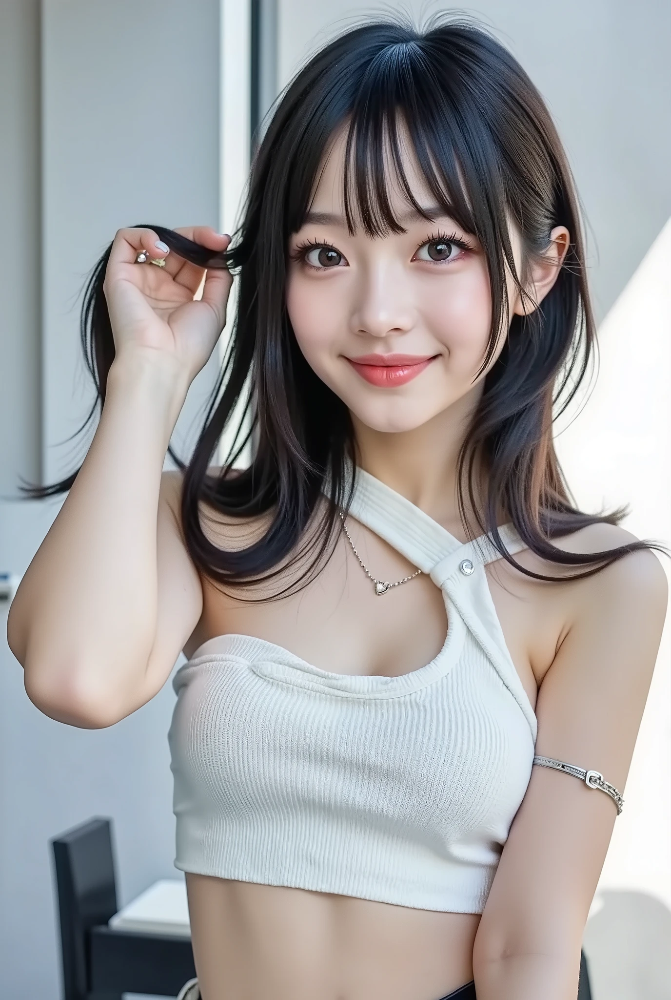 {{}},{High precision in selection},{{{{chestの上の顔の写真}}}},{{one high school girl :Smile Yan:chest:Nipples}}、{Smile:big double eyelids:mascara: teardrop bags:long lashes:1.8}}、{{透けて見える白いタンクトップ-Nipples:1.8}},{straight hair::Princess Cut:ponytail:1.8}