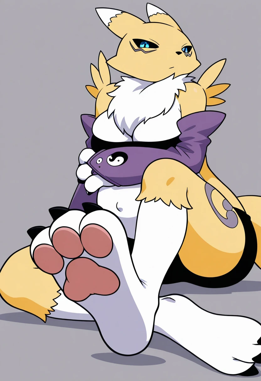 Duo, score_9,score_8_up,score_7_up, score_6_up, score_5_up, source_anime, renamon, blue eyes, black sclera, purple armwear, naked, female, pov, pov footjob, she is rubbing viewers cock with her feet, on a bed
