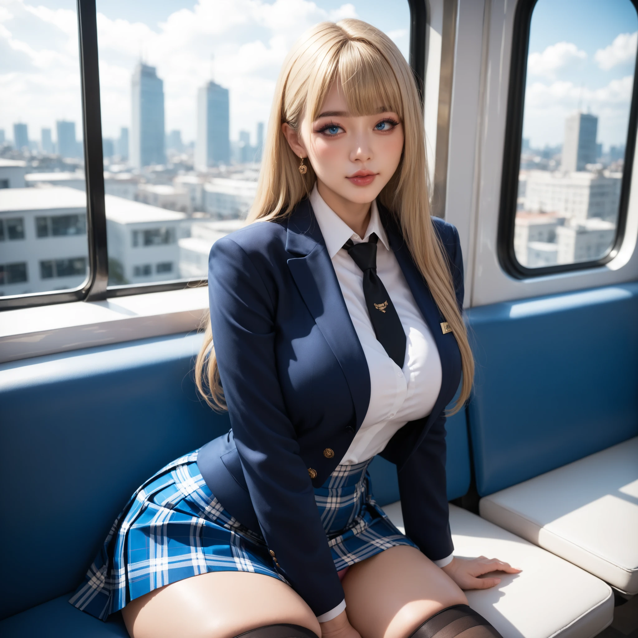 1girl, ((Blue Eyes)), Seductive face, ((Sana Minatozaki)), wide hips, Big Boobs, big ass, (Best Quality, 8k, Masterpiece: 1.3)) ) , Clear Focus: 1.2, Perfect Body Beauty : 1.4, Slender Abs: 1.2, Wet Body: 1.5, Highly detailed face and skin texture, detailed eyes, double eyelids, (long blonde hair), (Blazer uniform brown), (school shirt), (plaid skirt), (tie black), (thigh high cover stockings), squatting, in train station
