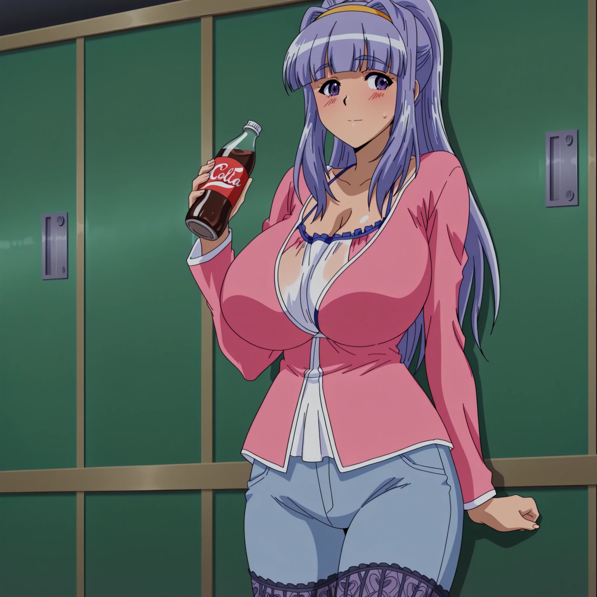 Masterpiece, 4k, details, extreme details, high resolution, 1 woman, His short, light brown hair was tied into two buns.. , purple eyes , sly face , smile , purple bikini , white cloth coat , abdomen, big breasts , Long legs , stand on your hips... , white boots , convenience store