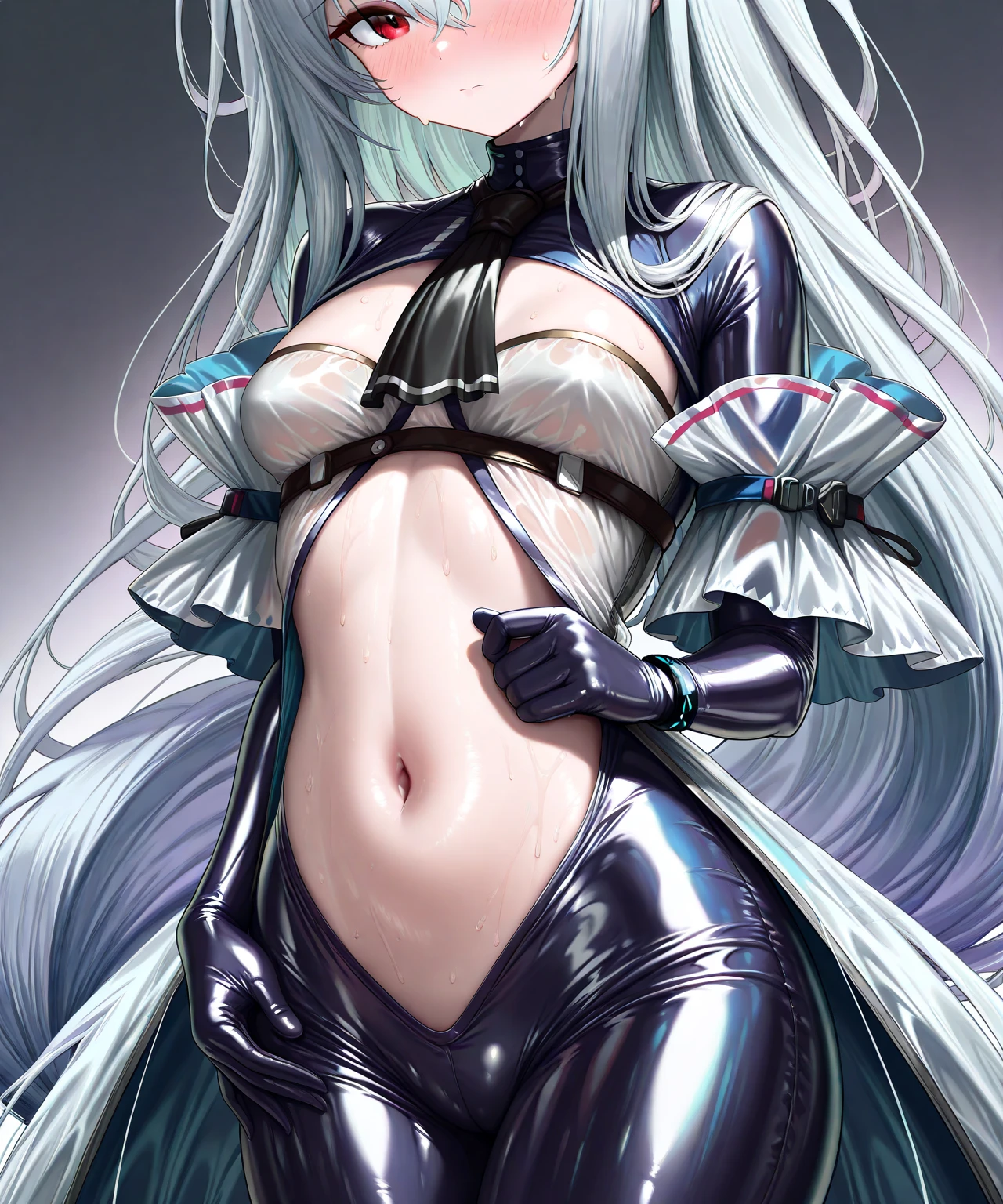 Laquadia,Big Breasts,jewelry,Gray Hair、Long Hair、High resolution、high quality、Long gloves、Blue swimsuit、青いLong gloves、超High resolution, (Film Grain: 1.4)、very, very big breasts、Troubled face、Nipple Pochi、horn、Erect nipples、Breast milk、Succubus、Small devil、Wet clothes、No bra、No underwear