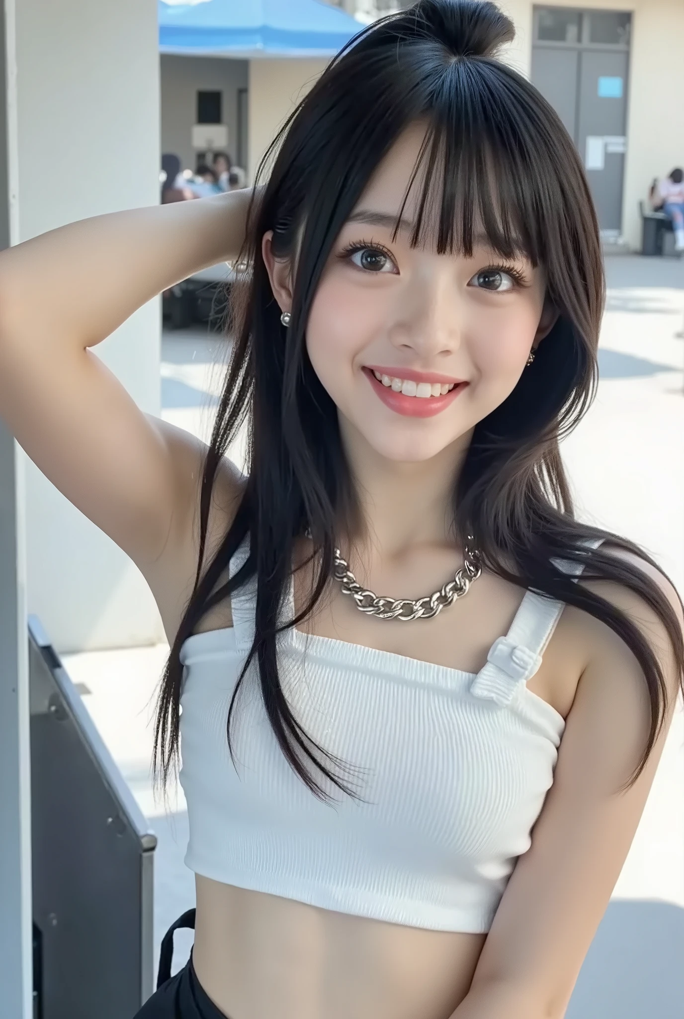 {{}},{High precision in selection},{{{{chestの上の顔の写真}}}},{{one high school girl :Smile Yan:chest:Nipples}}、{Smile:big double eyelids:mascara: teardrop bags:long lashes:1.8}}、{{透けて見える白いタンクトップ-Nipples:1.8}},{straight hair::Princess Cut:ponytail:1.8}