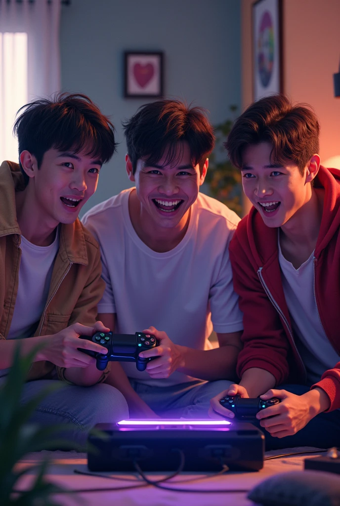 I want three friends playing video game with our names ruan andrey bryan