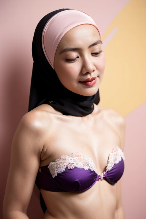 Malay girl in hijab wearing sexy purple color satin bra and panties portrait photography, mid shot photo, ultra detail, professional photograph with professional lighting, smile, light blue studio background, sexy seducing pose, curvy