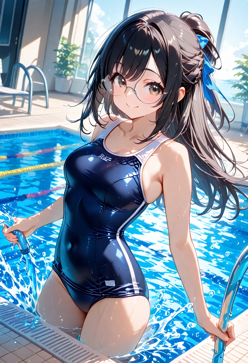 top-quality、8K、4K、hight resolution、Description Beautiful Round Glasses Girl、((close range:1.3)),1 Beautiful Pale Girl,(A dark-haired,Short Bob:1.3),wearing a swimming wear、swimming pools、Upper body is shown、(masutepiece:1.3), (8K, Best Quality),Beautiful face, Beautiful detailed eyes, Shiny skin,Glossy lips,Attractive, insanely detaileda,Crystal Clear Color,Perfect Anatomy