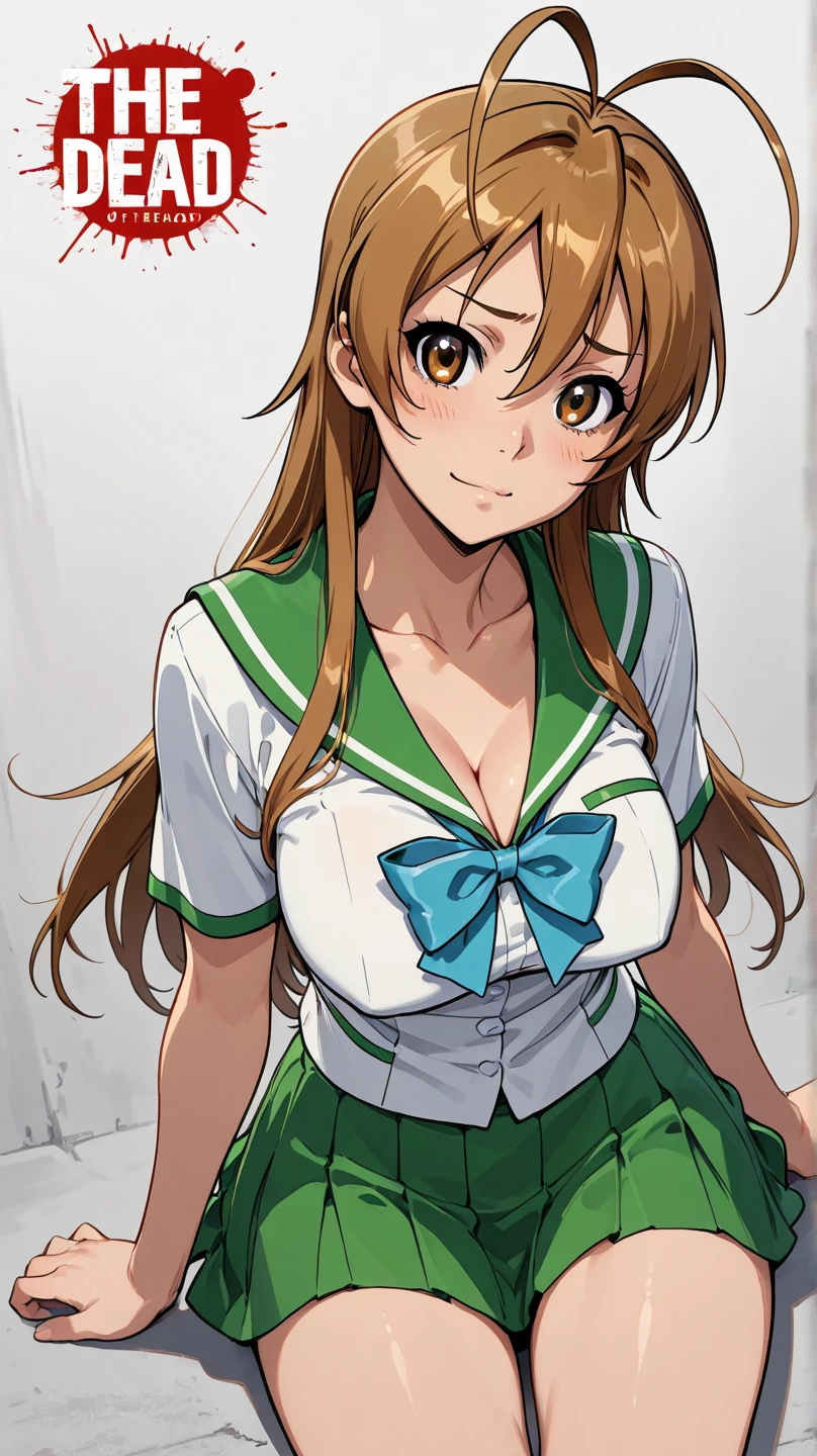 (masterpiece, best quality, high resolution, 2D, anime cels, megami magazine, 8K, Official art, sharp line), EPsmSailorJupiter, 1girl, sailor moon style:1.5, light smile, blush, brown long hair, ponytail, (large breasts:1.2), cleavage, (white bikini), light green sailor collar, (white elbow gloves), (front viewer:1.5, upper body, standing), (perfect detailed anatomy, beautiful detailed eyes, beautiful detailed face, perfect body, shiny skin), simple background, 