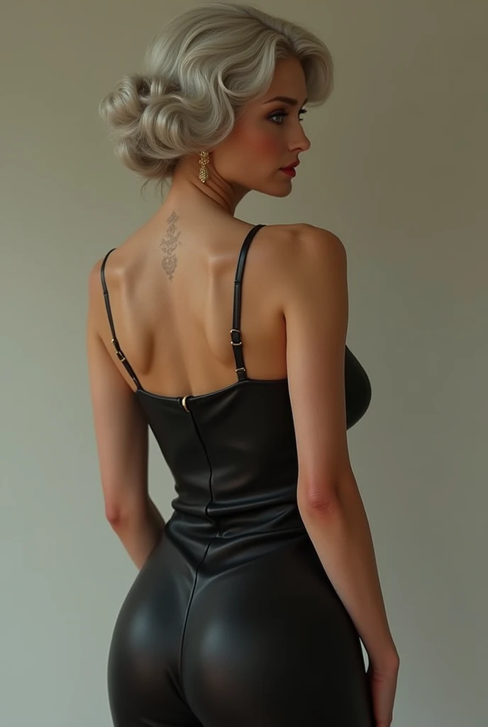 The highest image quality, Raw-Photo, The ultra-Highres, gentle smiling, 16 year old Korean, Big breasts, cleavage, Fair skin, shiny white skin, Short bob, Light silver hair, Neatly matching bangs, Cropped T-shirt, sportwear, running shorts, beautidful eyes, Beautiful eyes in random colors, Very thin lips, Beautiful eyes with details, Elongated eyes, pale pink cheeks, long eyeslashes, beautiful double eyelids, eyeshadows, beautiful thin legs, beautiful belly button, beautiful abs, Beautiful ribs, Earrings, necklaces, piano, living room, big size ass, Look from behind, view from behind, Beautiful back muscles
