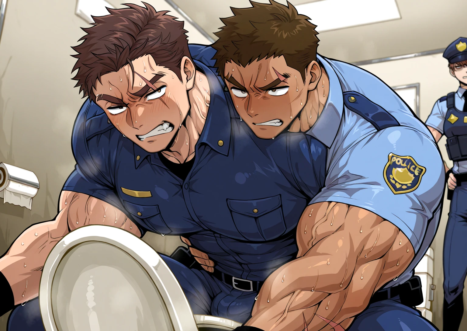 Gay threesome age gap sex illustration, (the Virile 3male Negroid-human:1.6), 
(((the 40s middle-aged sailing captain has various sex to a skinny 20s Sub-twink trainees:1.5), Submissive Sub-twink trainees fucked and sucked by their sadistic sailing captain, 
(While Sub-twink trainee's on knees and holding ass up, A brutally large penis is thrust entering his anus from behind and sex with other people :1.2), cum-shot in a anal)), 

((wear in a lift torn sailing coveralls up to nipples and unbutton pants and sailing hat)), 
On the cockpit of a sailing ship,
thin waist, abs, skinny fit but thin muscles, (sagging brutally large scrotum and erect penis),
(perfect big eyes and handsome Virile rectangle face style:1.25),(cum drenched body and floor),

((cartoonist [Grelx Bayart]'s style of image,an image of a gay various skill sex scene:1.7)), (side scene angle close-up focus),
  Clean and sharp images, Make the outline thick and dark,