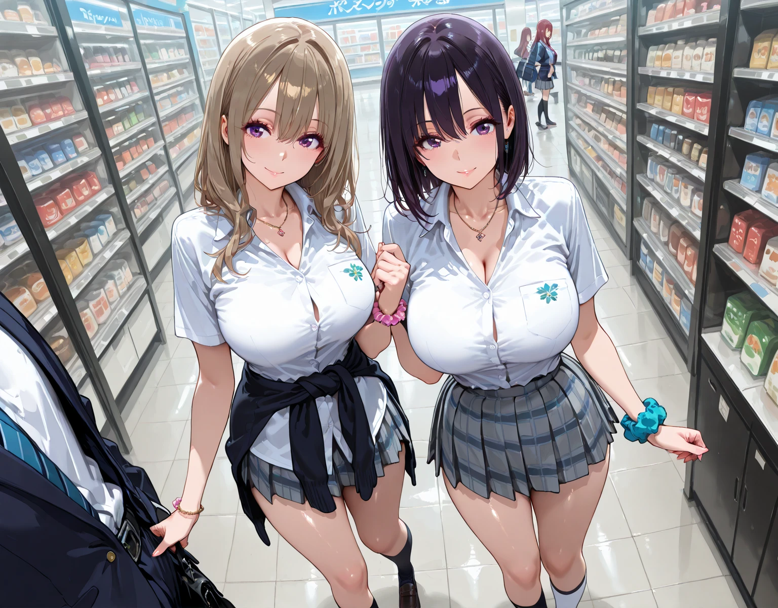 convenience store、2 beauties、clerk、uniform、Cashier、working the cash register、Shopping basket、register、serious personality、camel toe、huge tit、Nipple Puffs、cleavage、Plump、Super big breasts、super big butt、During checkout、Barcode reader、Coffee Server、Milk is breast milk、Breastfeeding girl