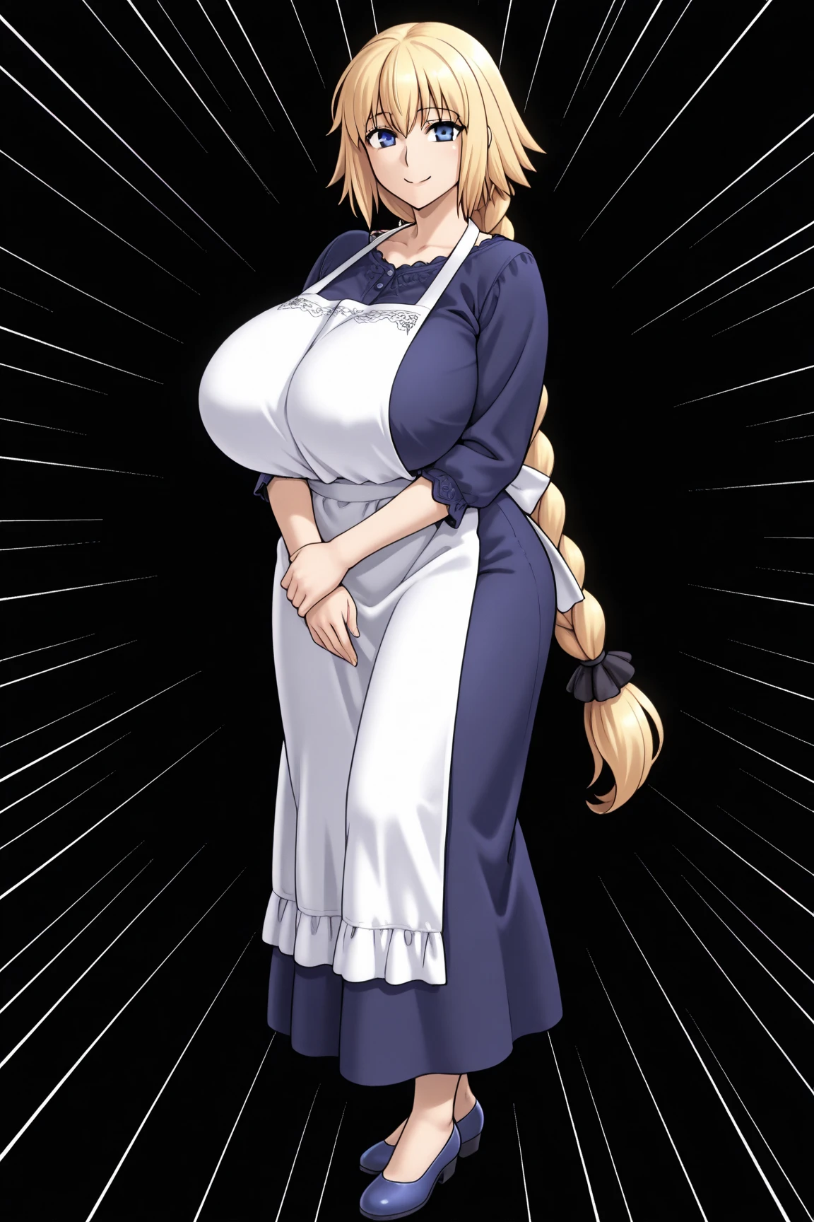 Roxanne (mature female:1.4), masterpiece, best quality (maid, maid headdress, maid apron), standing, indoors, window, masterpiece, best quality, high quality, dark black SKIN. Long messy hair, yellow eyes, full body, def_effie, blue breastplate, looking at viewer, shiny armor, thigh highs, high boots, shoulder armor, faulds, poleyn, red gloves gauntlets
