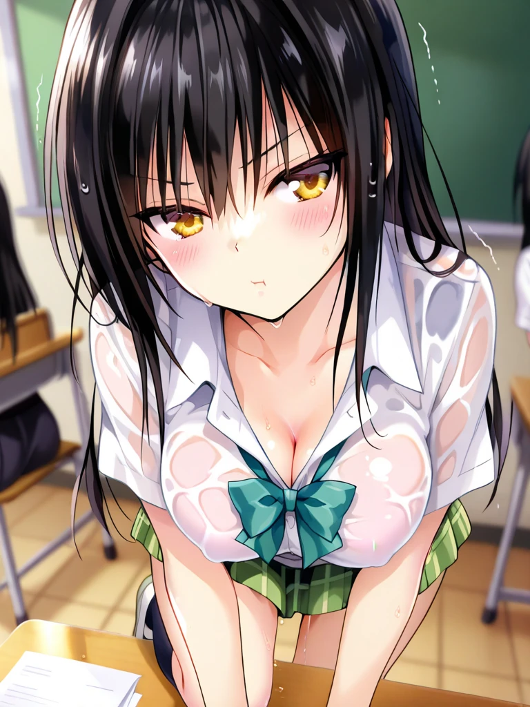 One girl, Kotegawa Yui, alone, Long Hair, chest, skirt, Wet, , View your viewers, Black Hair, shirt, bow, large chest, blush, Part your lips, green skirt, bowtie, pleated skirt, Short sleeve, Orange eyes, 
YabukiKentarou, masterpiece, Highest quality, so beautiful, Absurd, 
