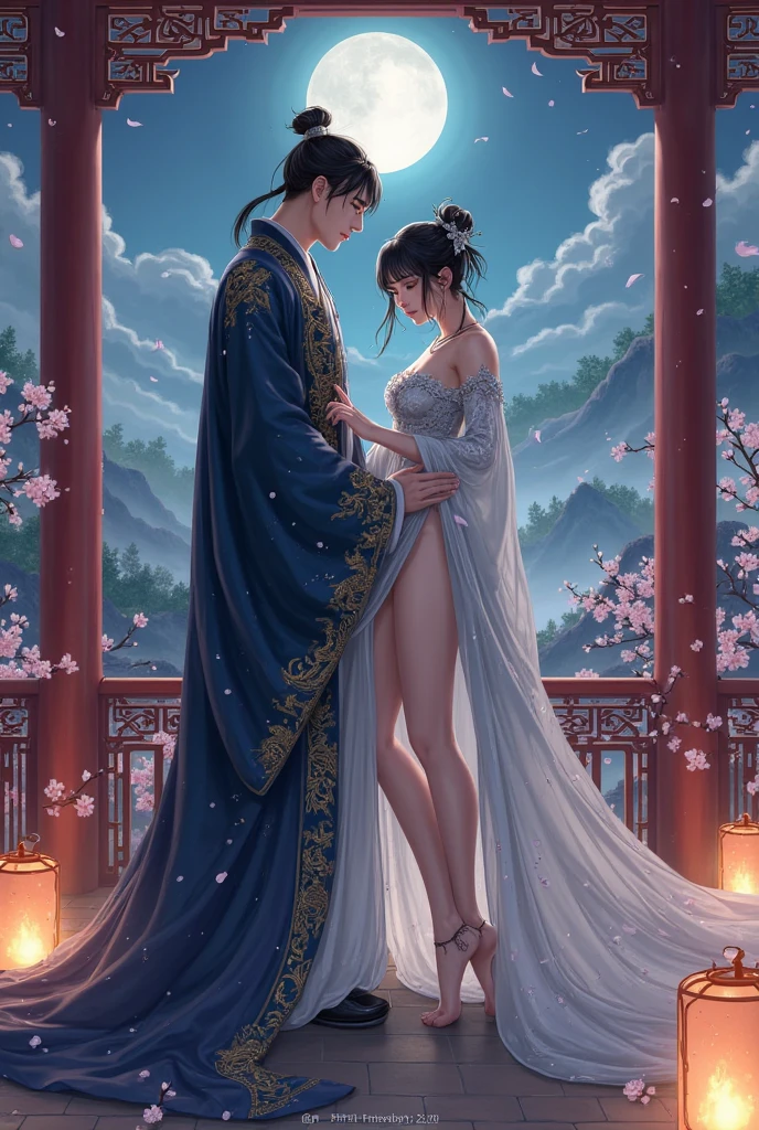 The king and princess of Joseon passionately kissi ng on a lavish, velvet-draped bed in an opulent cha mber adorned with soft studio lighting. Their bodie s entangled, a few pieces of their garments gracefu lly slipping off in the heat of the moment. The incre dibly sharp 8K image captures every intimate detail with astonishing realism, showcasing their caressin g and wrestling in exquisite clarity. The princess's sl ender waist and perfectly sculpted buttocks accent uate her beauty, adding to the scintillating allure of the scene. The atmosphere is undeniably hot and s ensuous, with an undeniable air of desire. This pict ure is a masterpiece that delivers a realistic and spi ne-tingling horror ambiance, enhanced by the mes merizing bokeh effect. The raw style