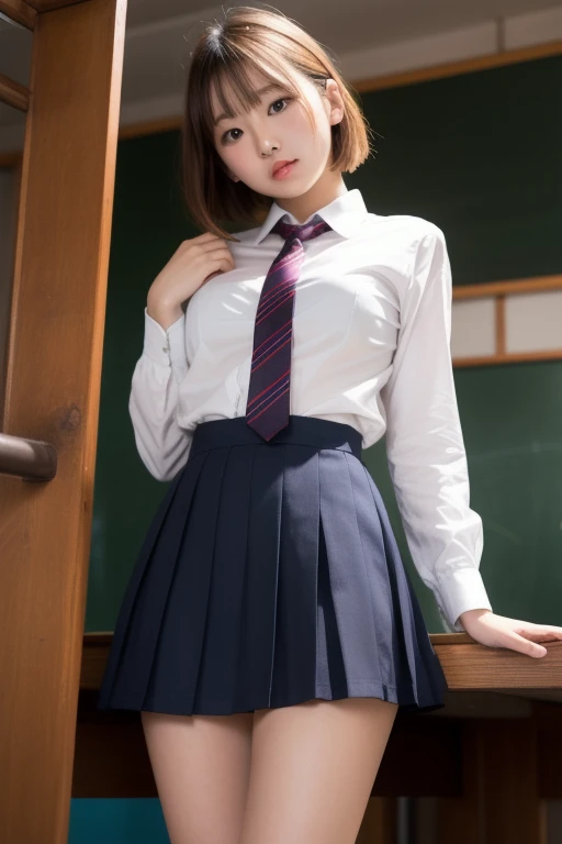 hight resolution、high-level image quality、8K、生a picturegraphy、top-quality、​masterpiece、masutepiece、Erotic、Pupils、Lilac bra with lace material,white-skinned,kne、(((big breasts 
White  pantyhose)))、Detailed panty patterns、panties focus、Lace Material: Lilac Panties、Tiny lilac panties、low angle shot from below、absurderes,a small face、huge-breasted、Parting the bangs from the middle、Forehead visible,(a cold expression<The eyeがきつめ,glares,Bullish,Thin anger)、​masterpiece,top-quality、超hight resolution,生a picture,ren,Beautiful fece,one person, solo,Dark look,Small breasts,fullllbody、Very nice、JK ,hi-school girl,A Japanese Lady,is standing,（Photorealsitic：1.37）、Photon mapping,Pink ribbon,Realistic、Cute little face,brownThe eye、Black socks、18year old、(Red bow tie)、Radio City、Physically Based Rendering、Foreground、depth of field rally background、a picture,girl with,beauty legs, Long legs, Thin leg,Long bob cut,(Bangs are visible), hair, s lips, blue_The eye, nosesoft,(Lilac shirt), (Navy pleated skirt), I can see kne,Sheer clothing,, Thigh, Black cotton socks,Nogizaka Idol, , Japanese ido、Sparkling eyes、shiny s lips、