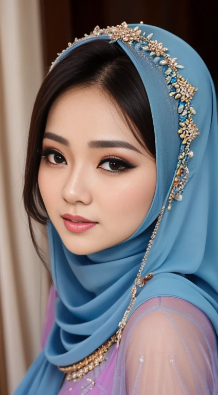 Kazakhtan cute girl, beautiful girl in hijab, 1 girl, perfect face, expressive eyes, softlens, makeup, eyeshadow, eyeliner, luxurious hijab, patterned hijab, hijab decoration, brooch, shiny lips, sweet smile,