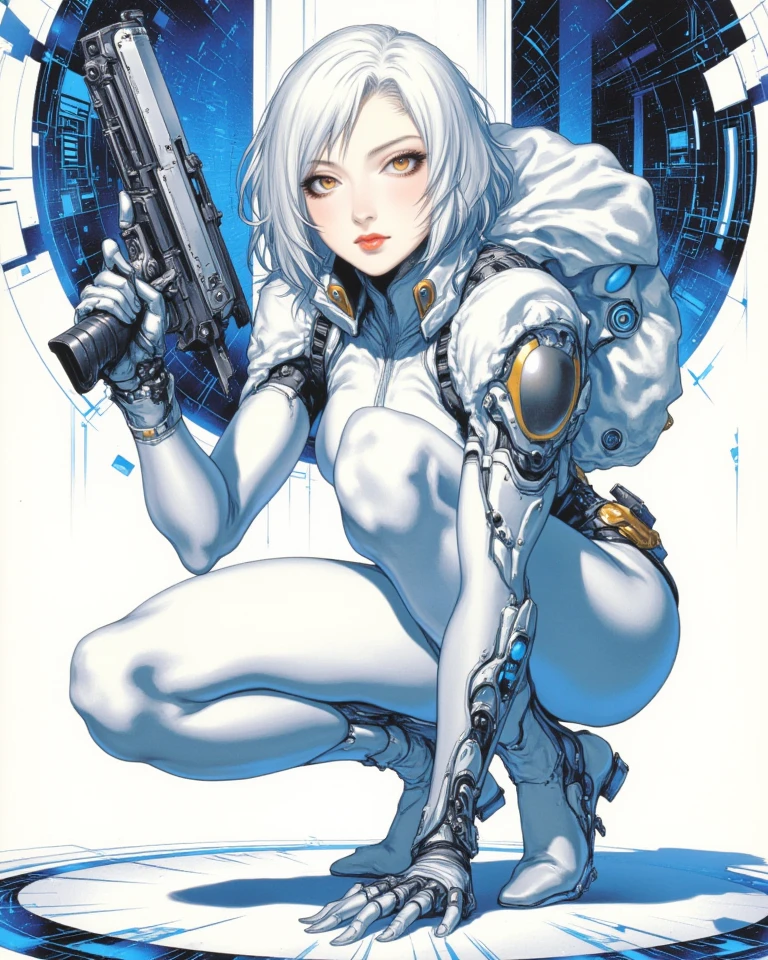 (((devilish smile))), (((lilac suit))), (((white hair bob haircut))), (((metallic arms))), (((muscles))), (((Colossus))), (((X-man))), (((melhor qualidade: 1.4))), (((full metal))), (((DuneWalker))), (((post-apocalypse))), (Unbeatable masterpiece), (hiper HD),(CG 8k hiper-realista), 1Garota armada em um mundo futurista usando roupas coloridas e modernas. Corte de cabelo ultra moderno, perfect body with robotic parts, seios grandes, bunda perfeita, muscles without exaggeration, rosto lindo com olhos azuis penetrantes, add textures to clothes and create something different from the usual, add accessories like garter belt, espartilho e luvas com listras, pele bronzeada e com brilho de molhado, industrial environment with giant heavy machines, Intricate machinery and giant robot parts