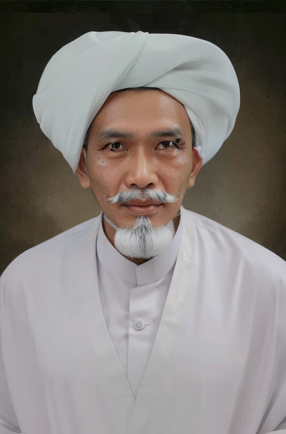 Indonesian Muslim man, 50 years old. Tan skin wrinkles according to age. high nose, big clear eyes. thick eyebrows. mustache, thin beard, oval face, thick upper lip, closed mouth. wearing a pure white turban and white Islamic clothes. HD Quality realistic images
