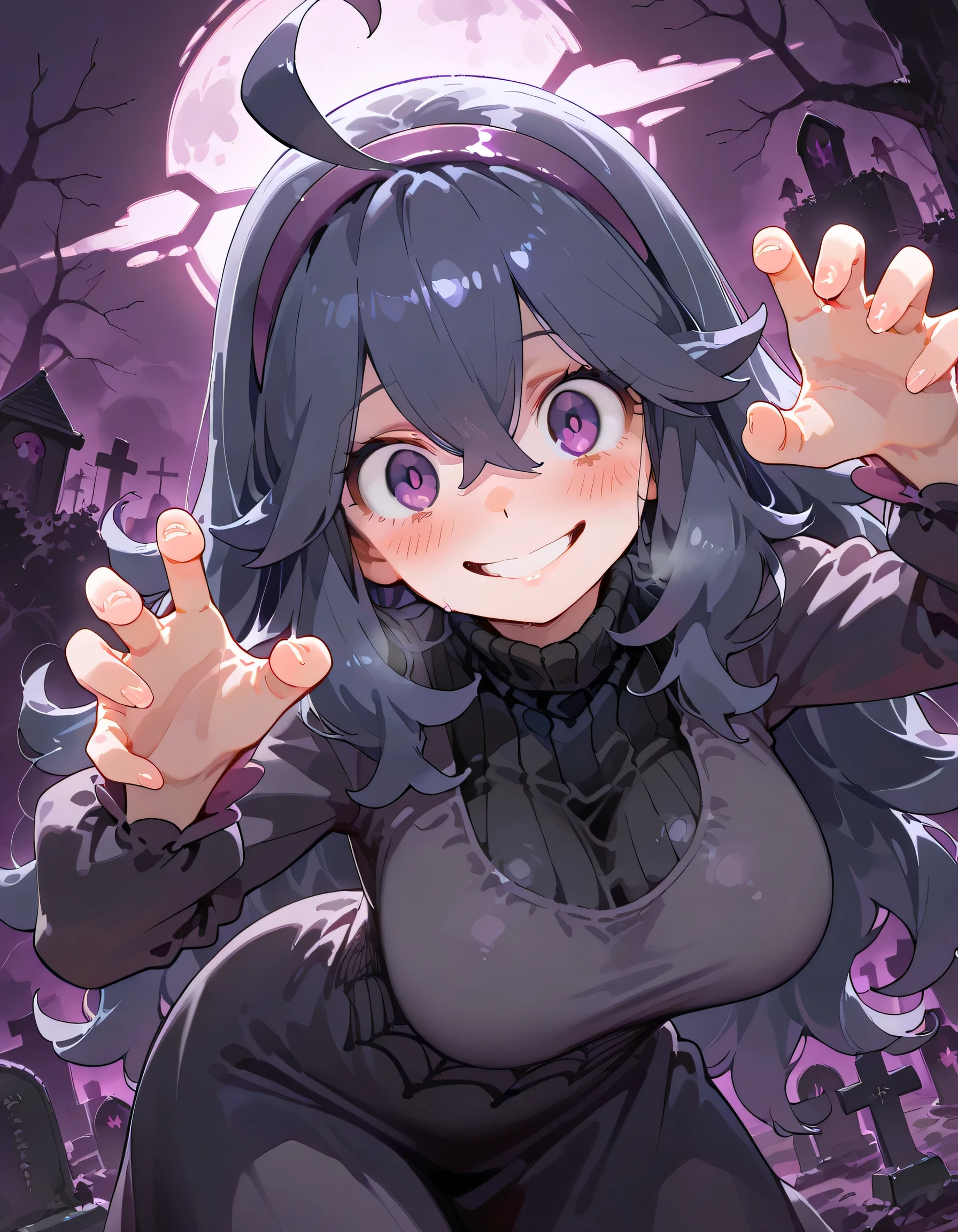sideview,(dynamic angle,acrobatic contrapposto Scratching+ pose),solo,(close up face)+,leaning forward,portrait,upperbody,hex maniac (pokemon), long hair, ahoge, purple hairband, purple eyes, large breasts, long dress, crazy, blush,grin, graveyard, ghosts,curvy, smile, looking at viewer, soft lineart,horror background,memorial shot,(with Sableye(pokemon))