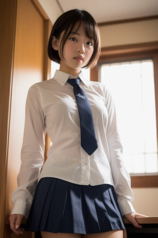 ((top-quality、8K、masterpiece:1.3))、女の子1人、Slender Abs、sofas、hyperdetailed face、A detailed eye、二重まぶた、straight flat chest、tiny chest、small tits、neat college girl、short-hair、Straight bob hair、Short hair or braid with bangs、A wistful look、Schoolgirl Uniform、Panties are visible from the skirt、a 20 yo woman、Sheer white shirt、Navy blue ribbon at the collar、Dark blue pleated micro mini、Sexy、Peek at the viewer、Beautiful graphics、Bright school building with strong sunlight、Show me your whole body、is standing、Plump panties、White Sox、Lift the hem of the skirt with both hands、Showing white panties、depth of fields、Bokeh in the background、