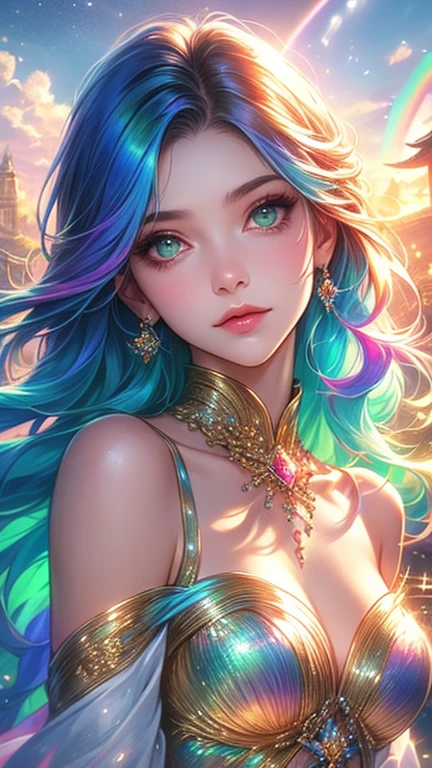 18.y.o girl,  eye contact,  sexy pose, intricate angle, cleavage, wearing intricate  jeweled_evening_dress, intricate gems, (sexy attire), <lora:jeweled_evening_dress:0.77>, rich colors, high contrast, detailed, cinematic angle, intricate angle,  intricate colorful hair, intricate, highlighted hair, detailed, hires,  professional lighting, (masterpiece, best quality:1.2),