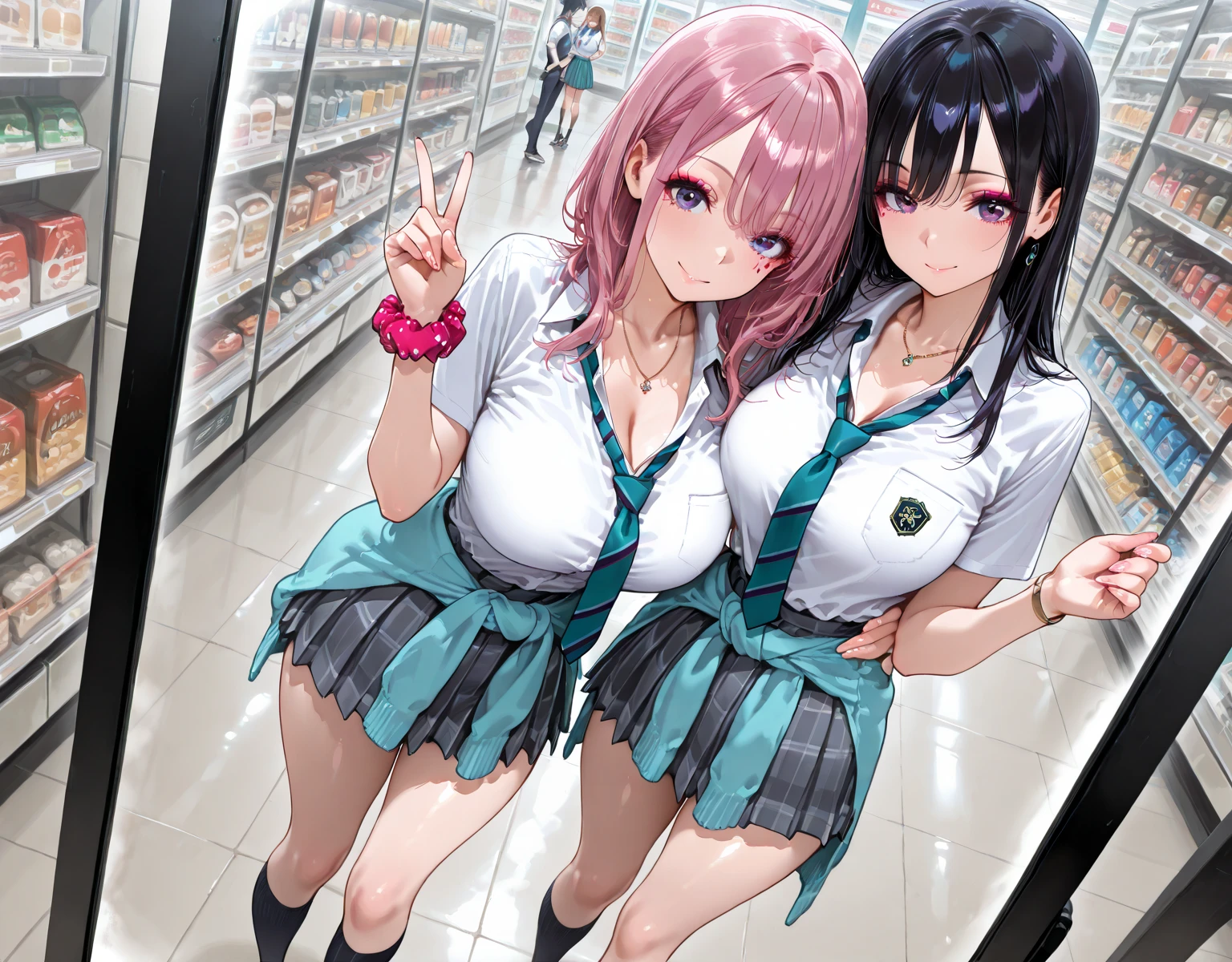 masterpiece, best quality, 2girls, 10yo, (petite), twintails,
 seductive smile, kneeling, naked hoodie, open clothes, bare small breasts, in supermarket,