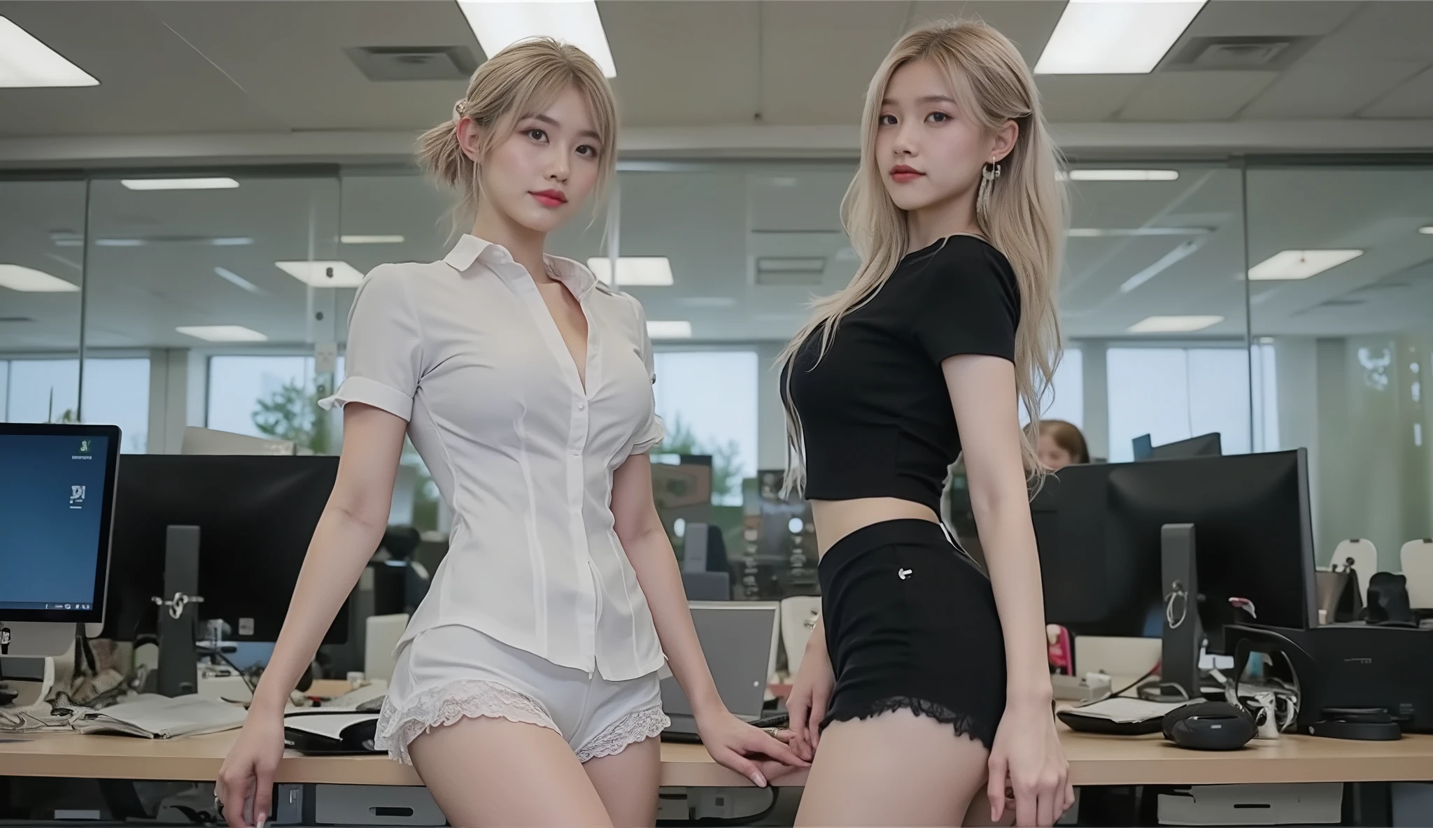 Korean Idols Red China Long Dress a blond Sitting on a desk in the office Naughty look A MILF ((Shorthair)) full of sweat Skin shiny with sweat Photorealsitic
