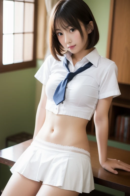 (Browsing Caution:1.3), ((masterpiece)), ((Highest quality)), (Very detailedな), ((cute)), cute, (Lovely), ((Very detailed)), 4K, (8k), Highest quality, (beautiful), hyper cute face, shape, hyper Genuineistic, Genuine, (((From below))), whole body, School rooftop, (1 Girl, cute girl:1.5), (uniform:1.5), beautiful light brown hair, beautiful brown eyes, ((beautiful eyes)), (the wind is strong, Hair is shaking, The skirt is flipped up and the underwear is visible:1.3), short hair, (((Big Breasts))), ((Device tick type))(While wearing a miniskirt),((Showing panties to the camera)),22-year-old Japan woman、JK Cosplay、at the park