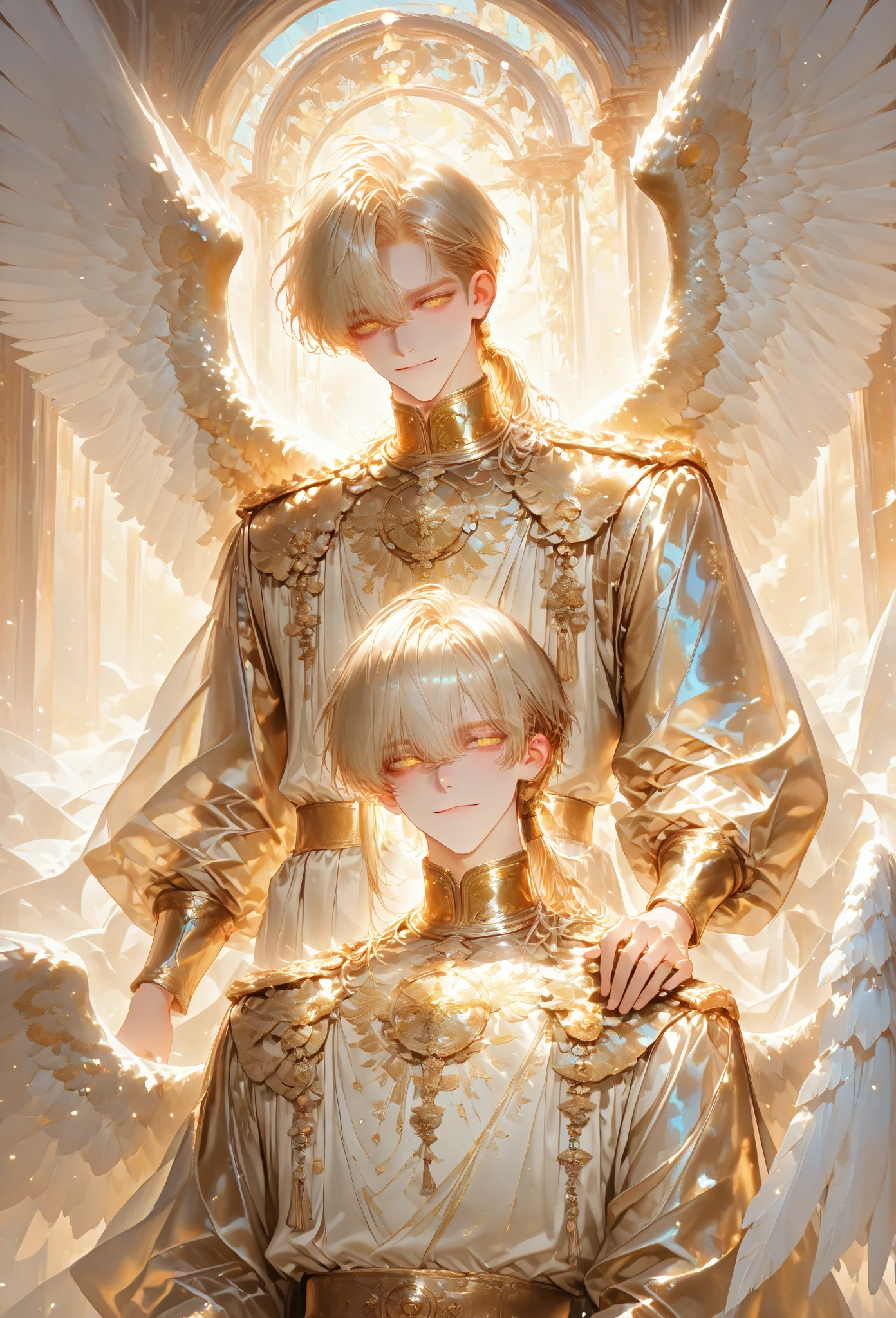 thin man with a big smile, spiky hair(gel hairstyle) white as paper, gold eyes, golden freckles, with a large pearl in the center of the chest