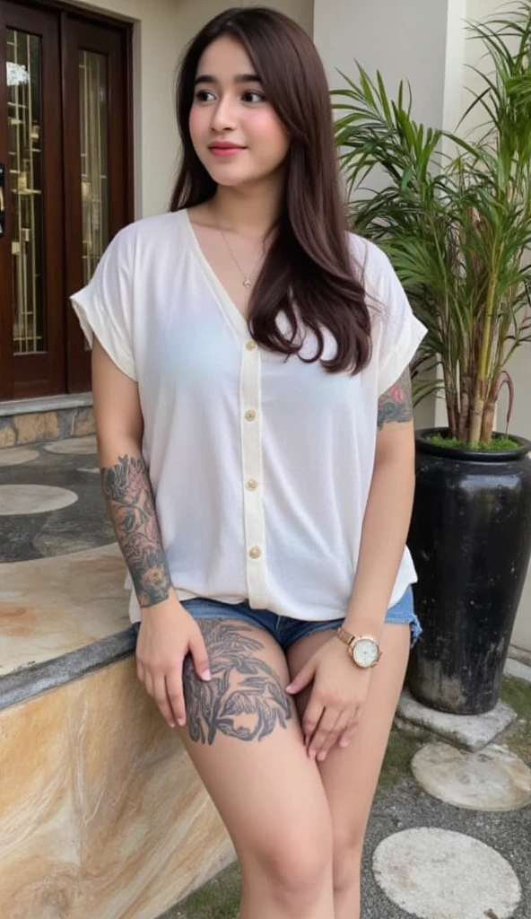 ((Best resolution)), ((high quality:1.2)), Work of art, 8k, extremely detailed, ((High detail:1.2)), (Hotlexi woman), (Elsa Jean), Solo, (((24 year old Colombian brunette female:1.45))), (T-shirt, mini-shorts), (perfect hourglass hot body),