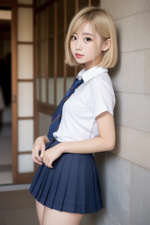 （8k、RAW Photos、Highest quality、masterpiece：1.2),(Spread your legs a little,Spread your legs a little:1.3),(Very short blonde bob cut:1.3),Looking away,Facing in a different direction、Front view,erotic,White skin,(White panties),masterpiece,Highest quality、Ultra-high resolution,One person, One personで,whole body,high school girl,Japanese women、（Realistic：1.37）、Photon Mapping,Realistic、(Cute Face、Round face: 1.4)、Baby Face、Attractive face、Blushing、(Red tie)、Radio City、Physically Based Rendering、prospect、Written boundary depth、Blurred Background,Beautiful legs, Nose Soft,(Light blue shirt), (navy, Short sleeve、Blue and white checked pleated skirt), I can see your knees,(Thigh close-up:1.3),Nogizaka Idol, , Japanese Ido、Small, flat chest、whole body写真、Super Definition、Sit on the steps and spread your legs slightly apart、White loose socks、Brown leather shoes、Outdoor stairs、Blonde bangs