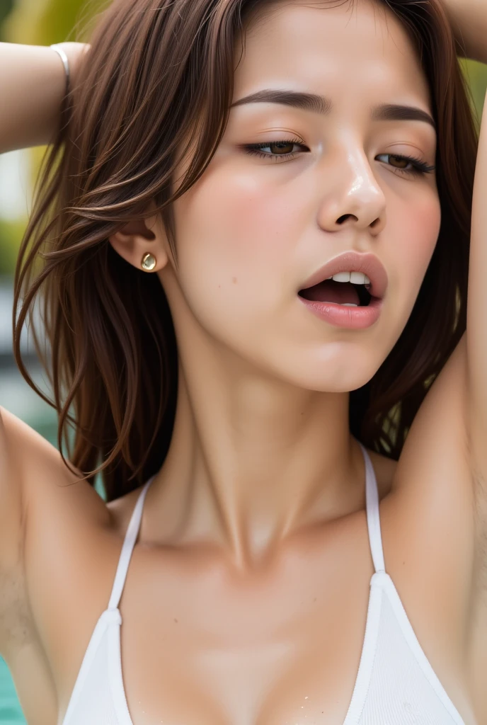 Realistic Photography, Beautiful Young Female ,Short hair ,beach Pronounced pores and skin wrinkles, beach,((strong light shines on the face)), The whole part of the body, naked portrait, nude photography, detailed armpit, pussy pubic hair, shiny nipple