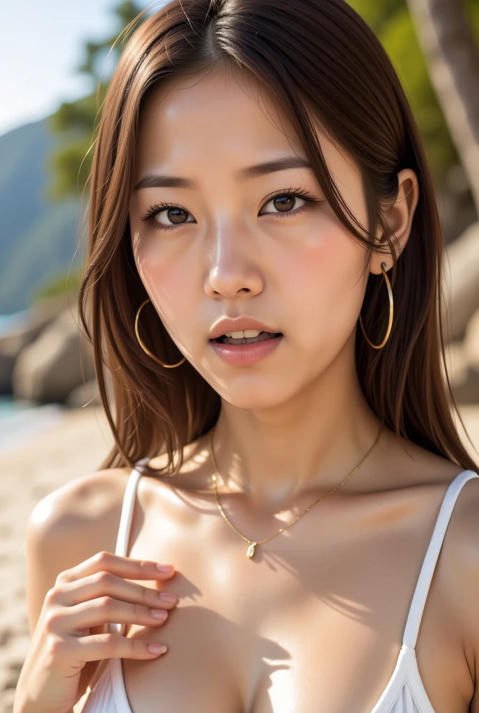 (highest quality, 8k, 32k, masterpiece, Ultra-high resolution: 1.3), Attractive Japanese women photos, One Girl, Perfect body, Highly detailed face, Detailed lips, Fine Eyes, double eyelid, (bikini), Light brown hair, Asymmetrical Hair, Asymmetrical bangs, Messy Hair,