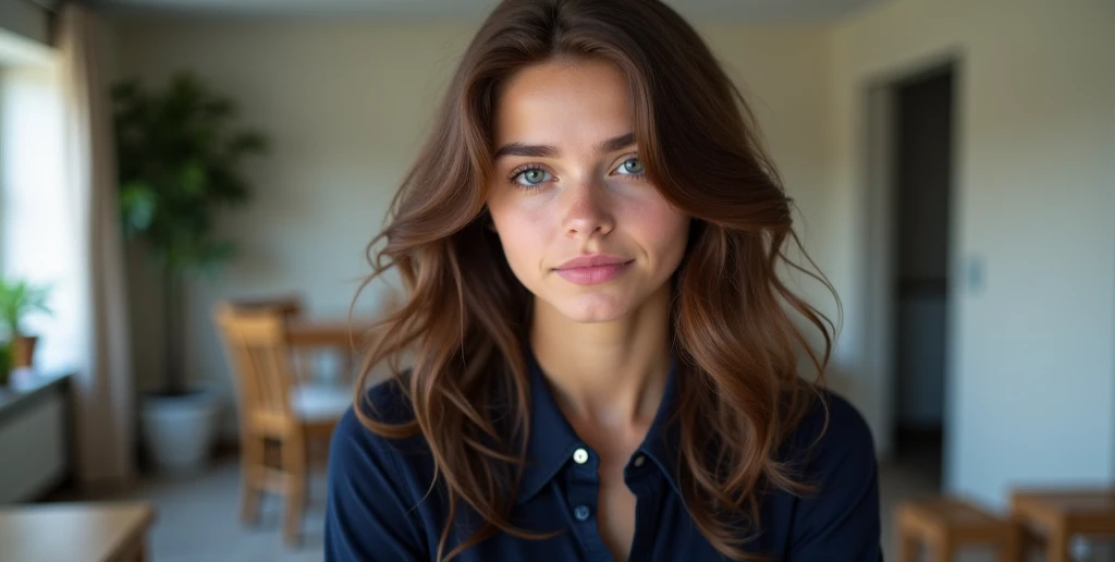 Hannakhovo wears business overalls in the office, (Brown long-sleeved shirt), sportrait, Beautiful face, beautidful eyes, outside, sportrait, Shy smile, opening eyes, an award winning photograph, best qualityer, full bodyesbian, Hannahowo, windblown brown hair, Port 400, F2.8, natural color, Detailed textures, Natural lighting, Zeiss, Medium format, Bokeh, Eye contact