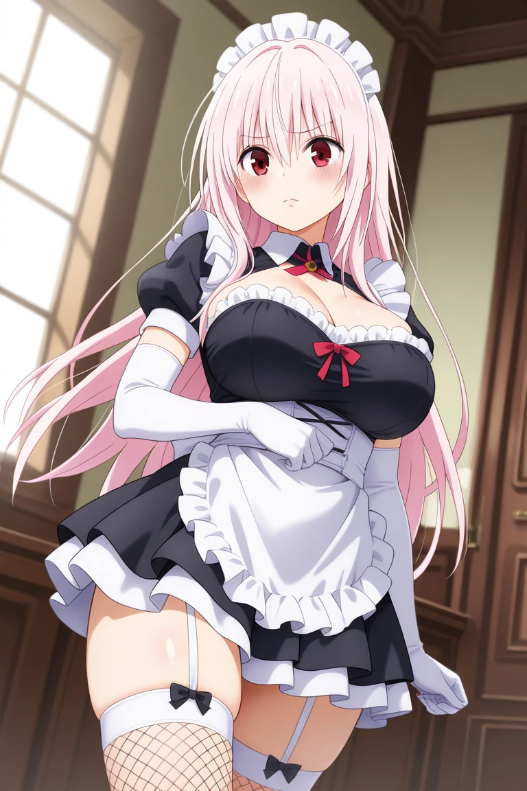 nsfw:1.2,Masterpiece:1.1,Detailed and beautiful depiction 1.1,Official Art,Beautiful adult woman ,Megurine Luka,Pink long hair,blue eyes,Large Breasts,Erotic smile temptation,Maid clothes,Embarrassed, she lifts her skirt to reveal her black shorts,bedroom