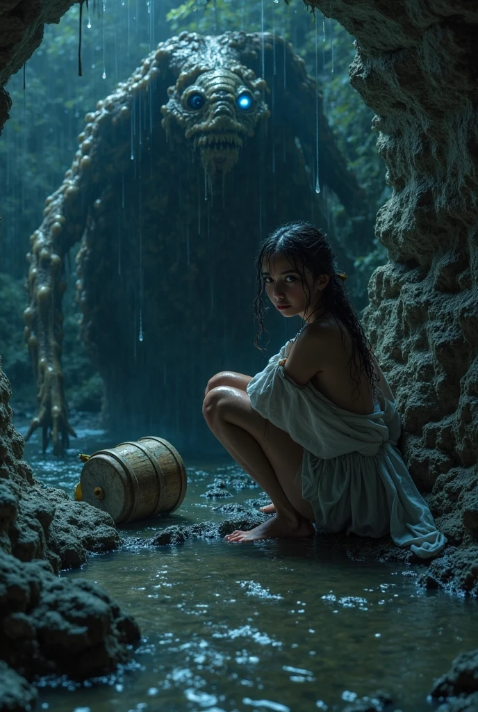 A very deep stone well in the desert in Jesus' time, Hand dug into the ground. Far away, Deep places that require a bucket to reach、Beautiful woman looking into a well