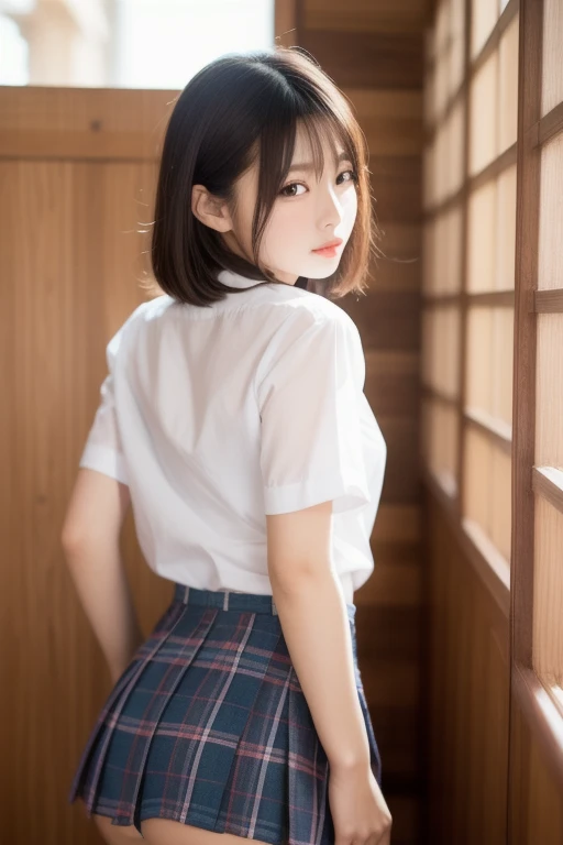 (One woman), Short bob, 18 years old, Japanese, Brown eyes, Brown hair, Slim, (Flat chest), High school girl, Classroom,
Girl wearing white shirt, High school girl summer uniform, Back view of sitting on chair in classroom,
(White blouse: 0.3):(See-through pastel pink bra under blouse)