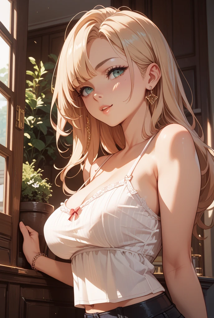 (masterpiece:1.5), ultra quality, 8K, high resolution, super fine illustration, depth of field,
perfect anatomy, 
(1girl), solo, (super beautiful and volutuous girl), (20years_old girl), cowboy shot, looking at viewer, blush, smile, transparent blonde hair, wavy hair, super long hair, green eyes, fine detailed eyes, (large bast), (bee-style), parted lips, 
(from diagonal front), (cowboy shot), (looking at viewer),
collarbone, creavege,  bare shoulders, 
(no_clothes),   jewelry, earrings, 