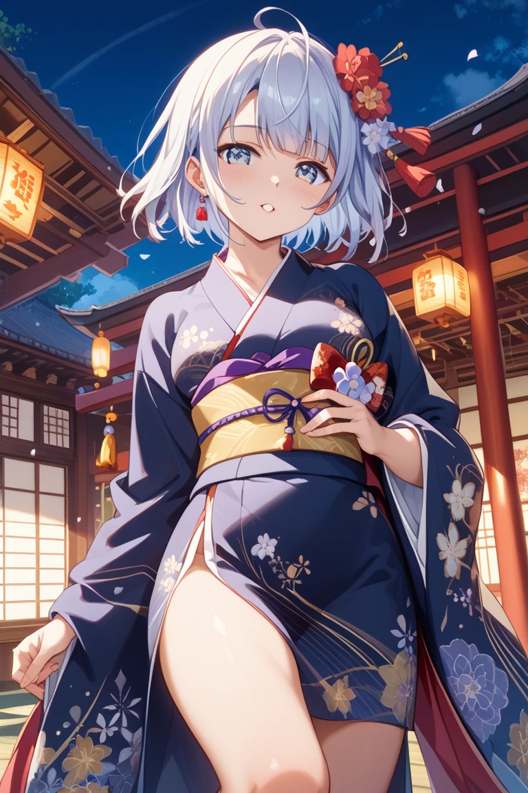 One Woman、 (((dark skin))), Beautiful silver hair、((((Very short hair))))、French braids、skyblue eyes、small eyes, ((tsurime)), Beautiful Eyes、(hair band)、(((Blunt bangs))), ((Medium Chest)), 24-years-old、Tight waist, night、Fireworks display、Japanese Festivals、((Pink long-sleeved kimono))、Long flower hair ornament、Eat cotton candy、Cowboy Shot、panties、squatting, spread legs、blush、smile、Shallow depth of field、