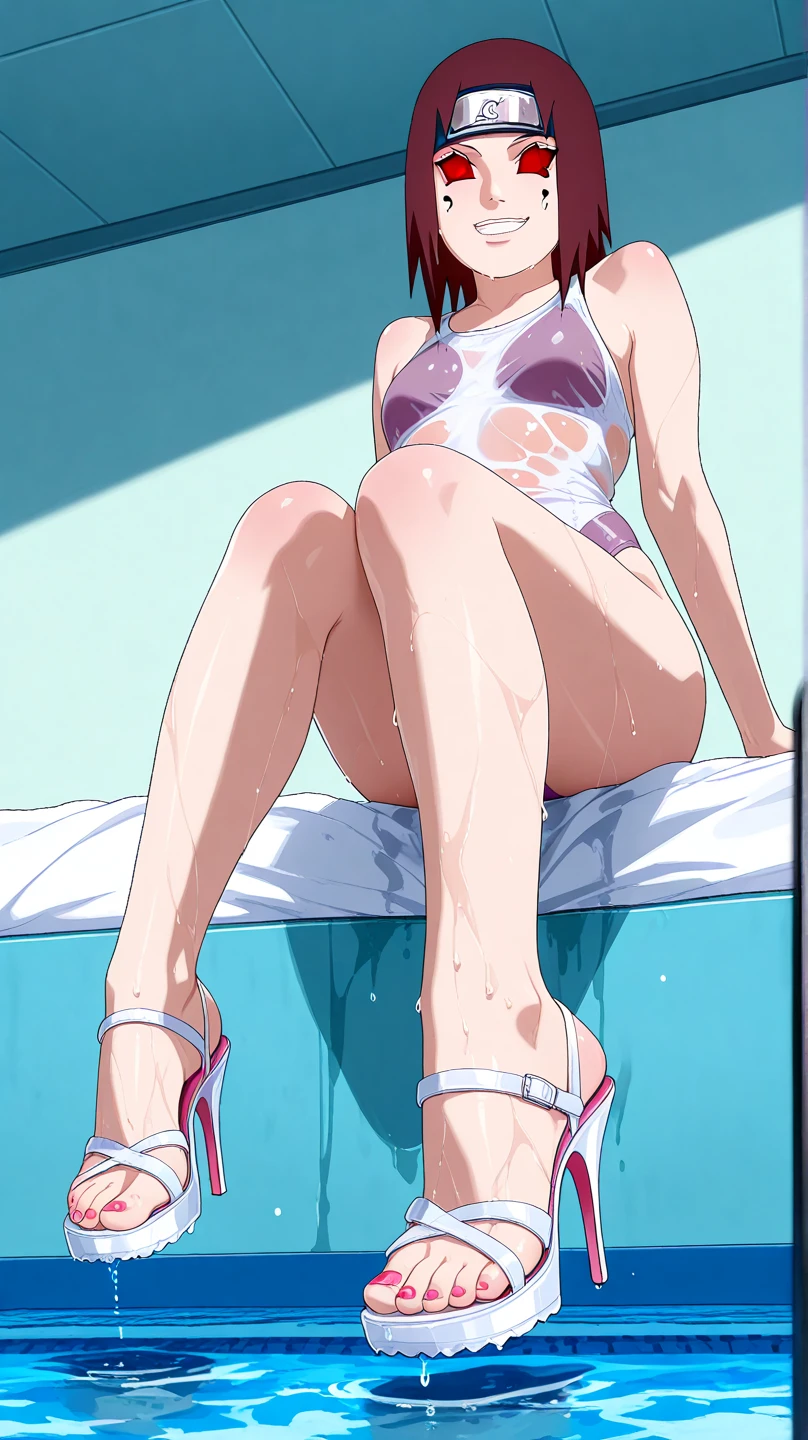 masterpiece, best quality, HYukinaV4XL, 1girl, solo, blush, (looking at viewer:0.8), sitting, black hair, shiny, shiny hair, parted lips, onsen, white towel, finger on mouth, (from below), rear side, legs, barefoot, cowboy shot, dutch angle, <lora:HYukinaV4XL-SDXL-EP10:0.9>