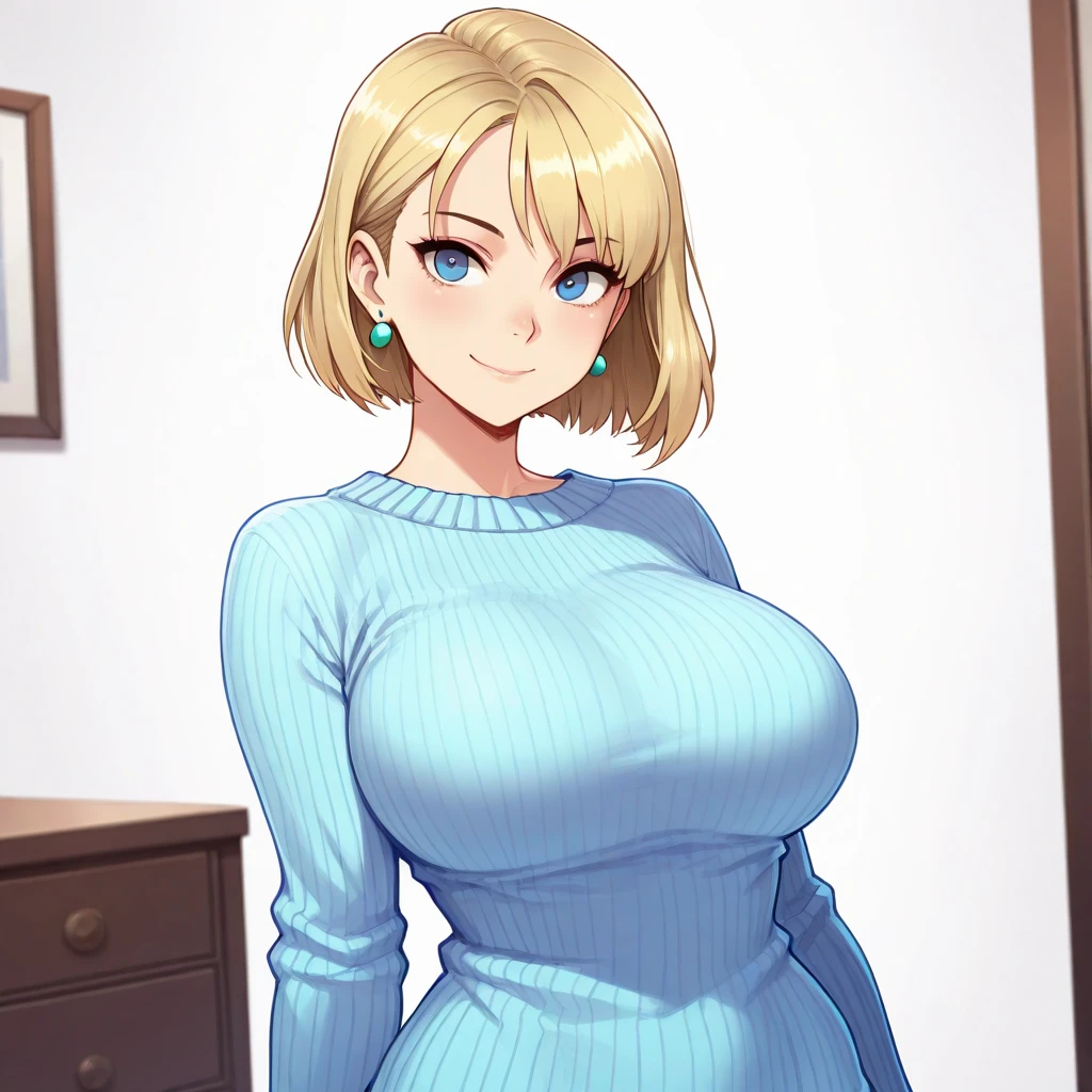 /(Modern house interior/), Only One Woman, Mature Woman, /(blue ribbed Sweater/), bangs, kind, Blushed Smile, (Top quality masterpiece:1.2) Delicate illustrations, Very detailed, Large Breasts、((Sweat,vapor))、In front of the entrance door、visit、(Full Shot)),