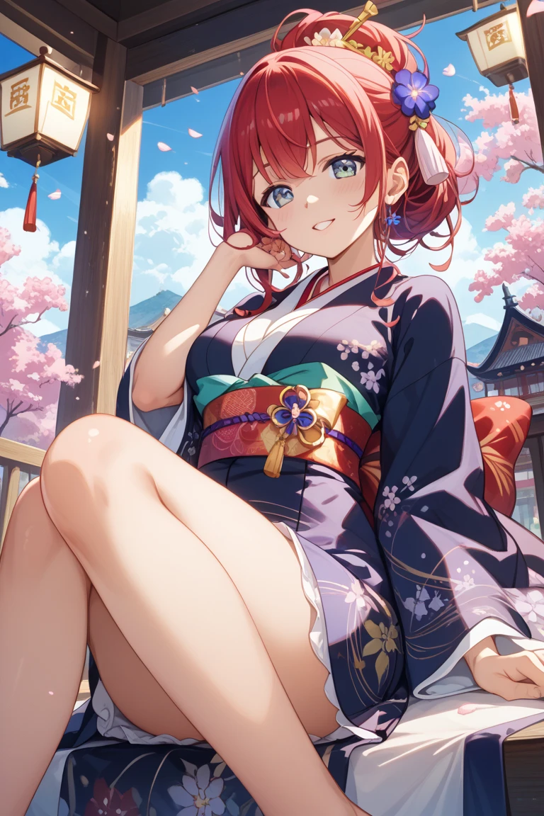 kallen stadtfeld, 1girl, solo, breasts, looking at viewer, short hair, blue eyes, simple background, hair ornament, white background, cleavage, medium breasts, full body, flower, red hair, japanese clothes, hair flower, wide sleeves, kimono, arm up, sash, petals, thigh strap, sandals, tabi, red kimono, platform footwear, okobo