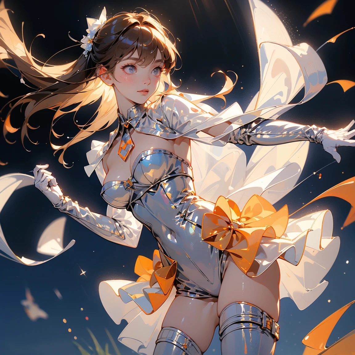 fantasy, 1angel_girl,child, loli,brown_hair, medium_bob_hair, long_bangs, halo,bare_shoulder,thighhighs,silver_armor, waist_armor, large_breasts,angry,grinning,open_mouth_teeth, 1pair_wings, dynamic_pose_fighting,floating, bare_crotch, headgear,gauntlet, greaves,city_sky_background,slightly_spread_legs, solo, groin_naked