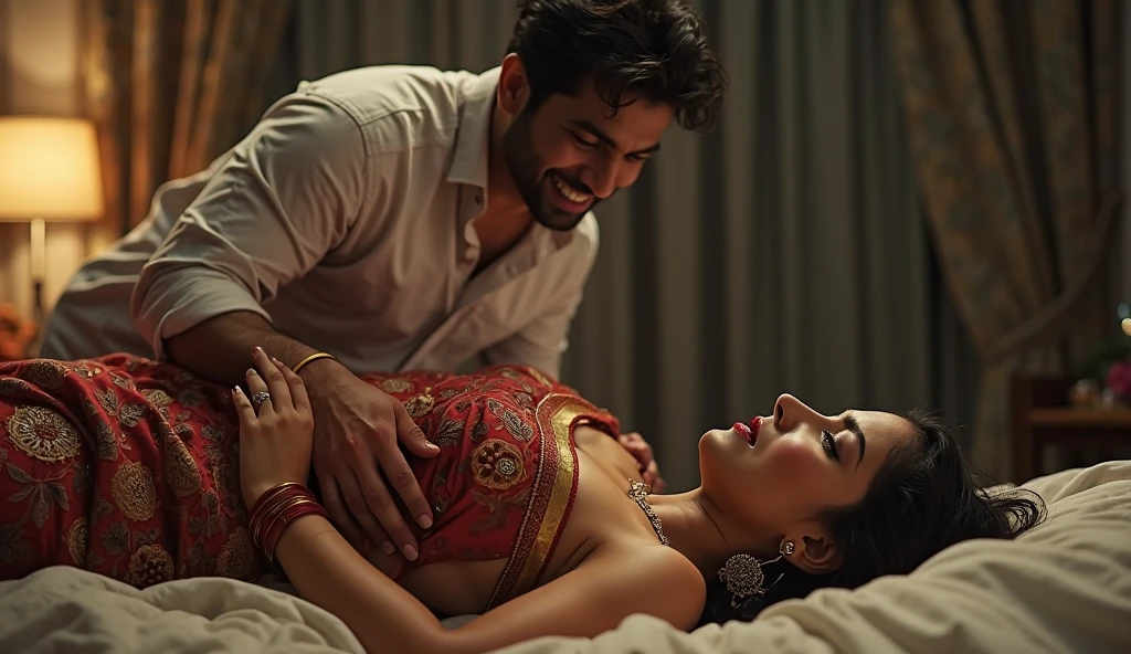 low angle POV shot facing her, realistic, indian actress is in the shooting spot. she is doing a romantic scene on bed with another actor. male actor lying on bed, she is riding on him revealing her breast, she has removed her sheer transparent white sari, showing open breast, she is bending down towards man and he touches her breast, there are technicians around.
